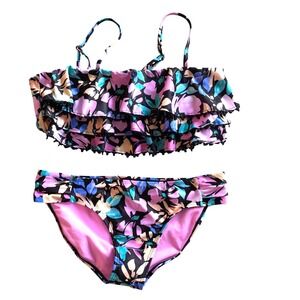 Raisins Girls Size 16 2-Piece Swimsuit NWT Floral Ruffle Bikini Set Black Pink